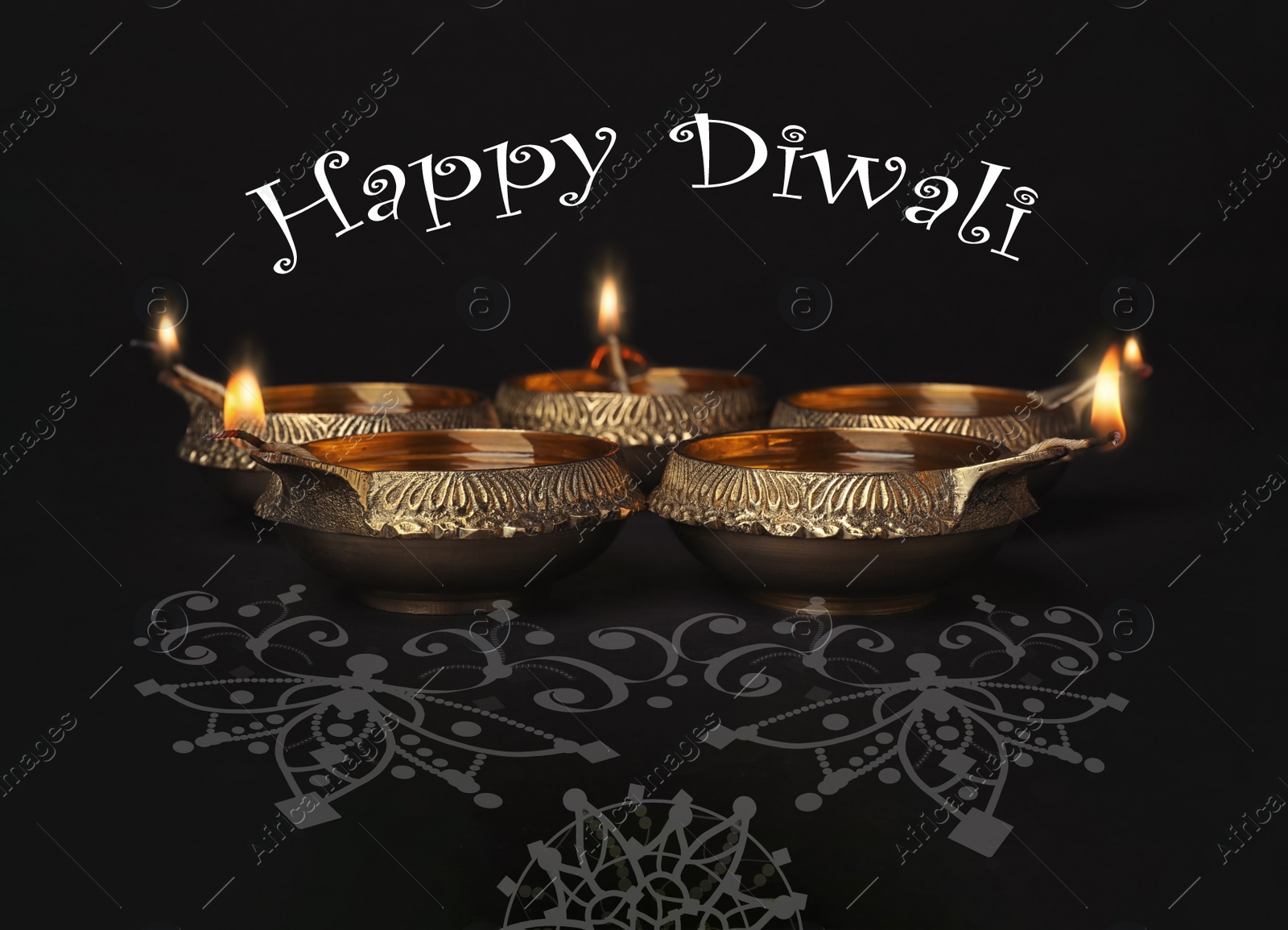 Image of Inscription Happy Diwali and clay lamps on dark background