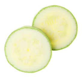 Photo of Slices of ripe zucchini on white background, top view