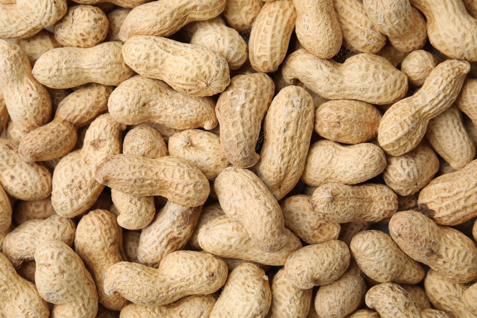 Photo of Many fresh unpeeled peanuts as background, top view