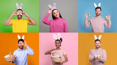 Image of Easter celebration. Collage with photos of people in bunny ears headbands on different color backgrounds