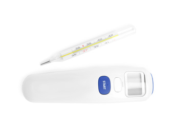 Photo of Different thermometers on white background, top view