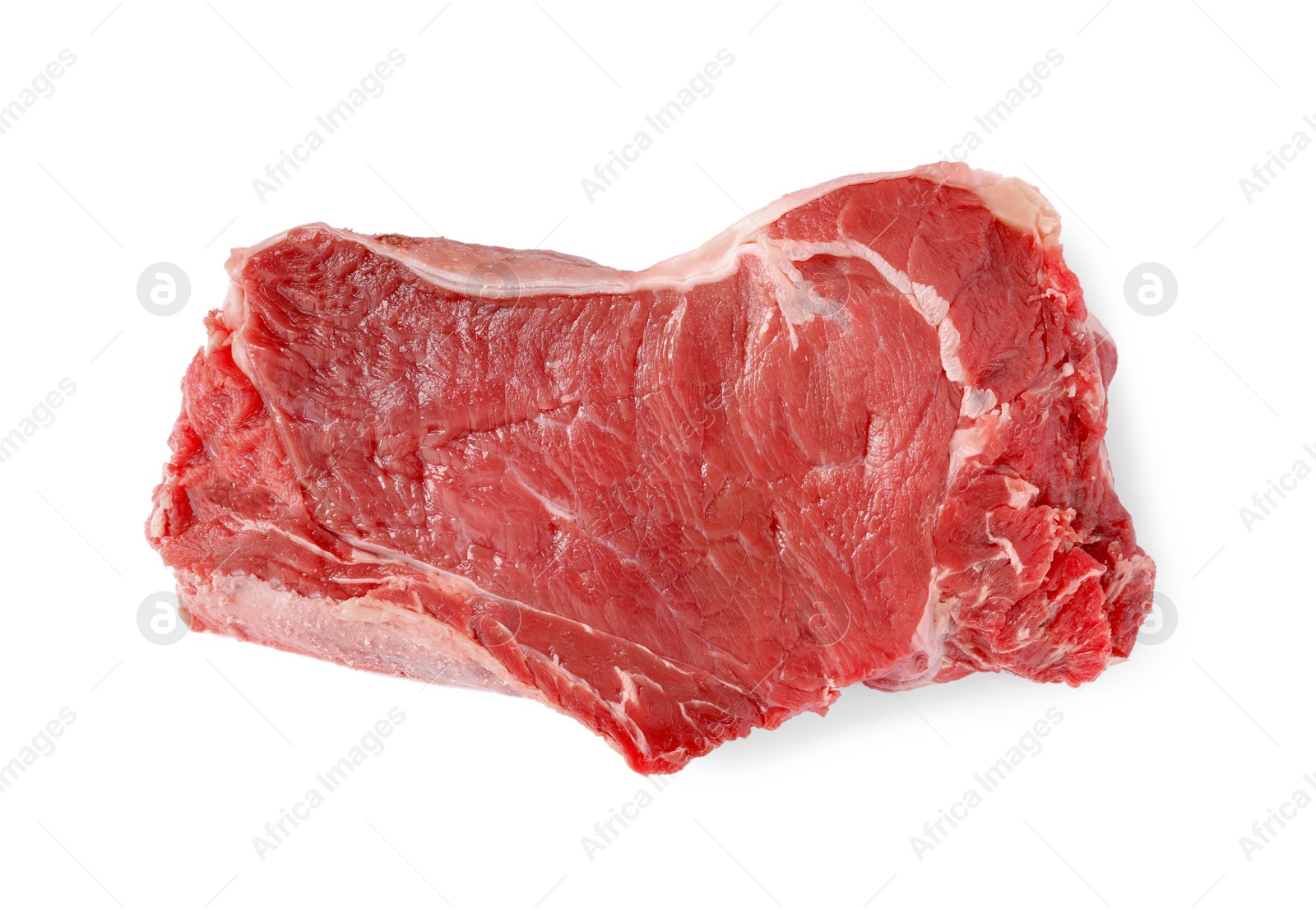 Photo of Piece of raw beef meat isolated on white, top view