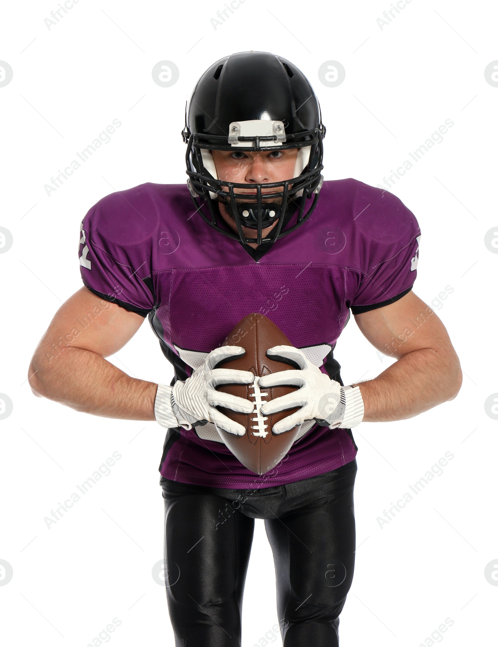 Photo of American football player with ball on white background