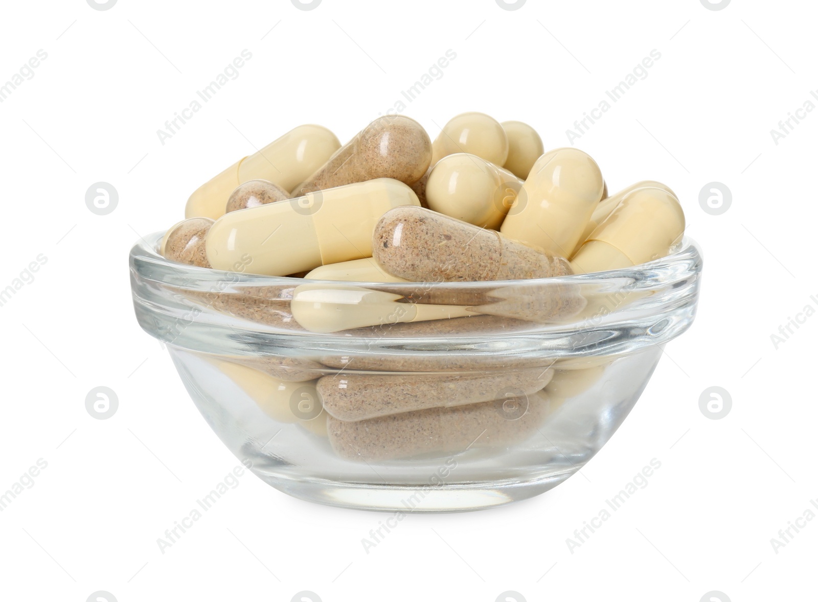 Photo of Vitamin capsules in bowl isolated on white. Health supplement