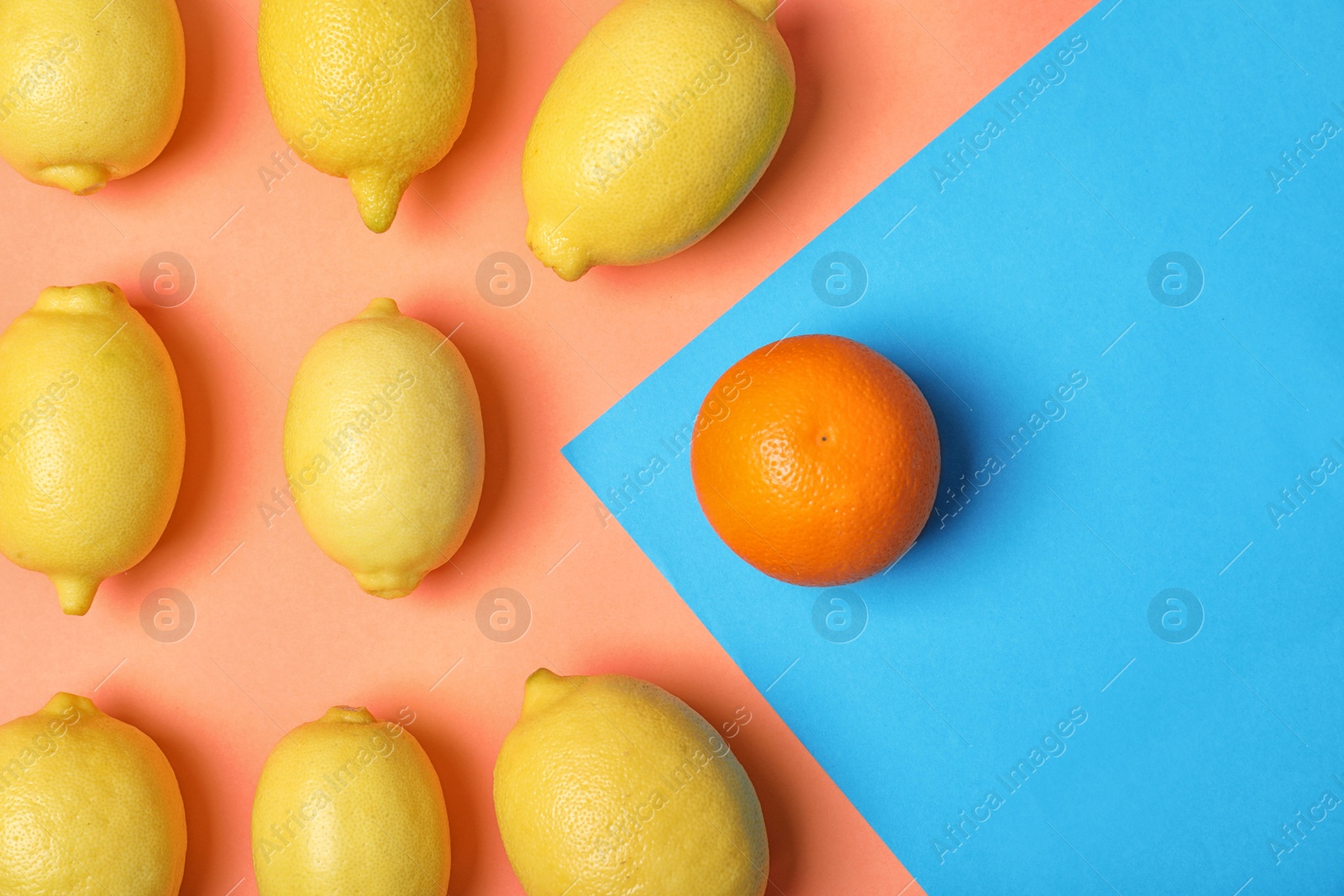 Photo of Orange in front of lemons on color background, top view. Be different