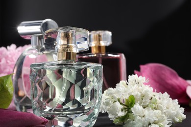 Luxury perfumes and floral decor on black background, closeup. Space for text