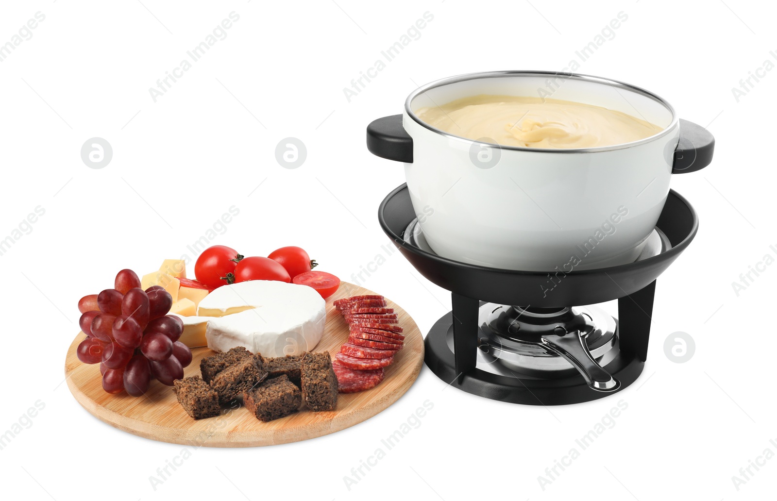 Photo of Fondue with tasty melted cheese and different snacks isolated on white