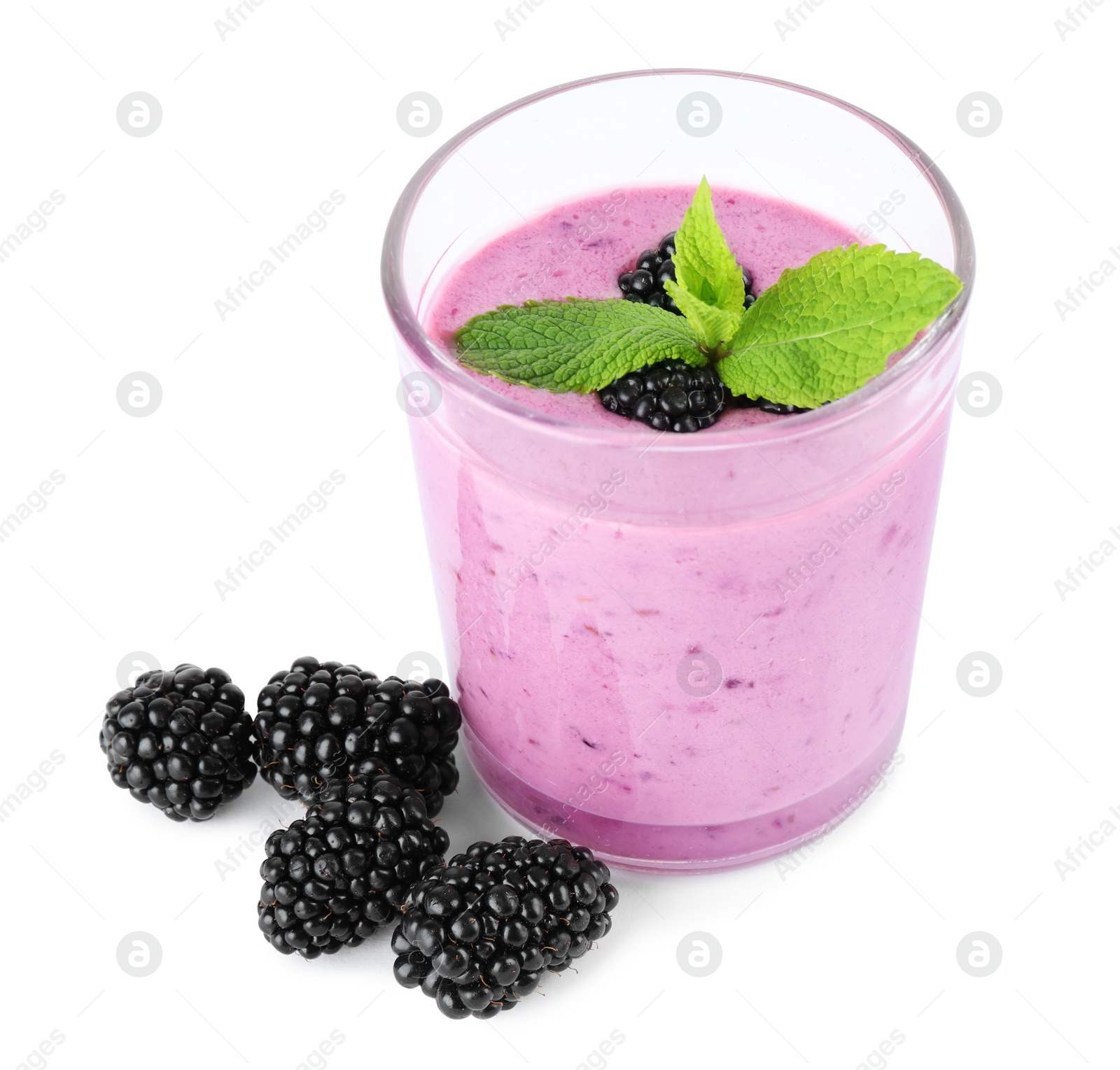 Photo of Delicious blackberry smoothie in glass on white background