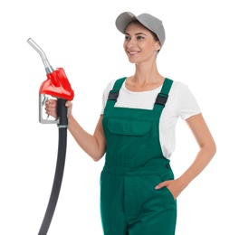 Photo of Gas station worker with fuel nozzle on white background