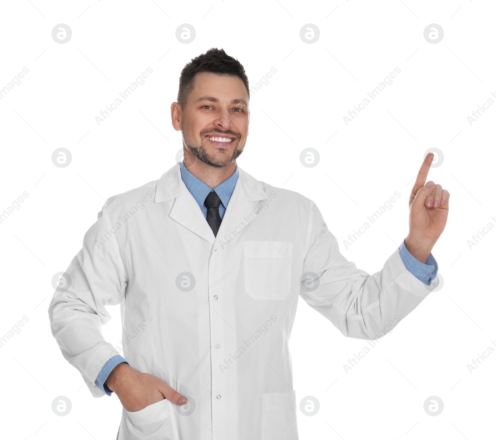 Photo of Happy man in lab coat on white background