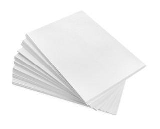 Photo of Stack of blank paper sheets isolated on white, above view. Space for text