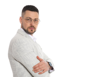 Photo of Confident businessman in glasses on white background