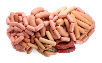 Photo of Many fresh raw sausages isolated on white, top view. Meat product