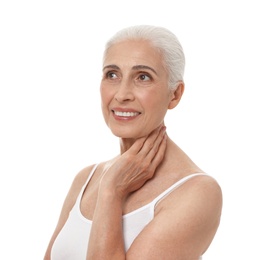 Portrait of beautiful mature woman on white background