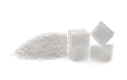 Refined sugar on white background