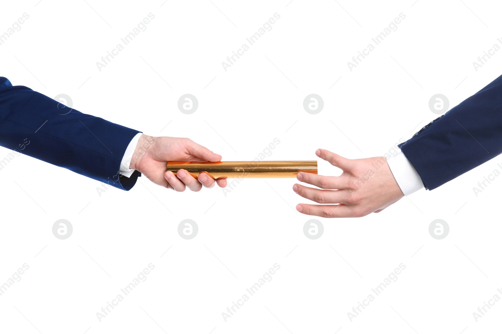 Photo of Businessman passing baton to his partner on white background, closeup