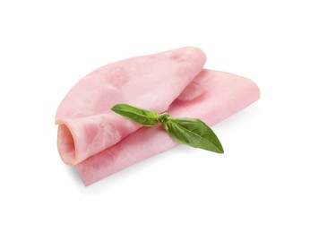 Photo of Slices of tasty ham and basil isolated on white