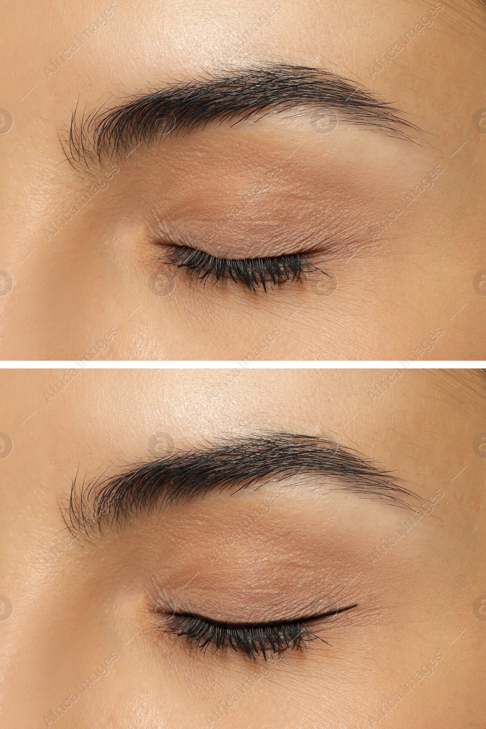 Image of Collage with photos of young woman before and after getting permanent eyeliner makeup, closeup