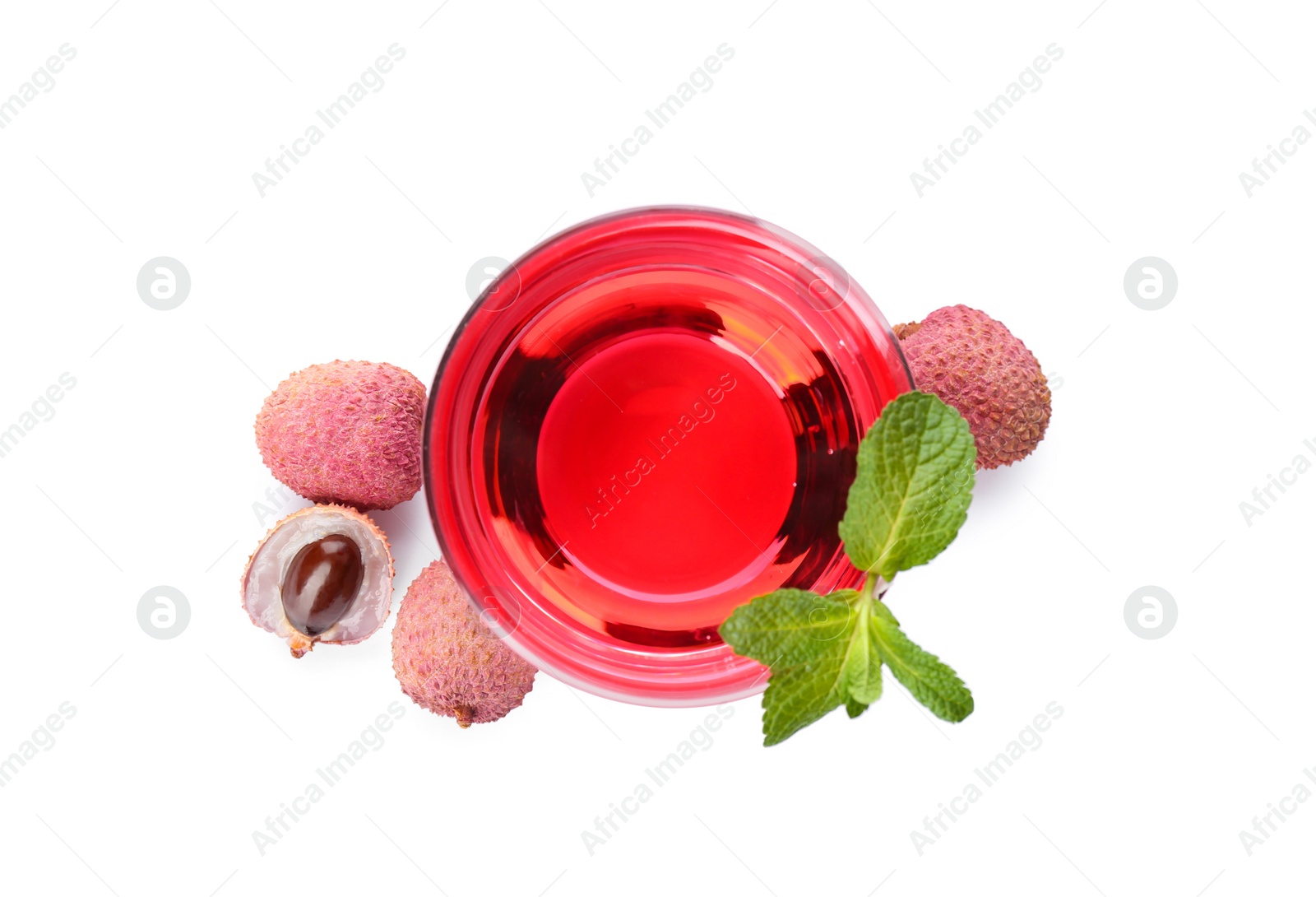 Photo of Lychee cocktail and fresh fruits on white background, top view