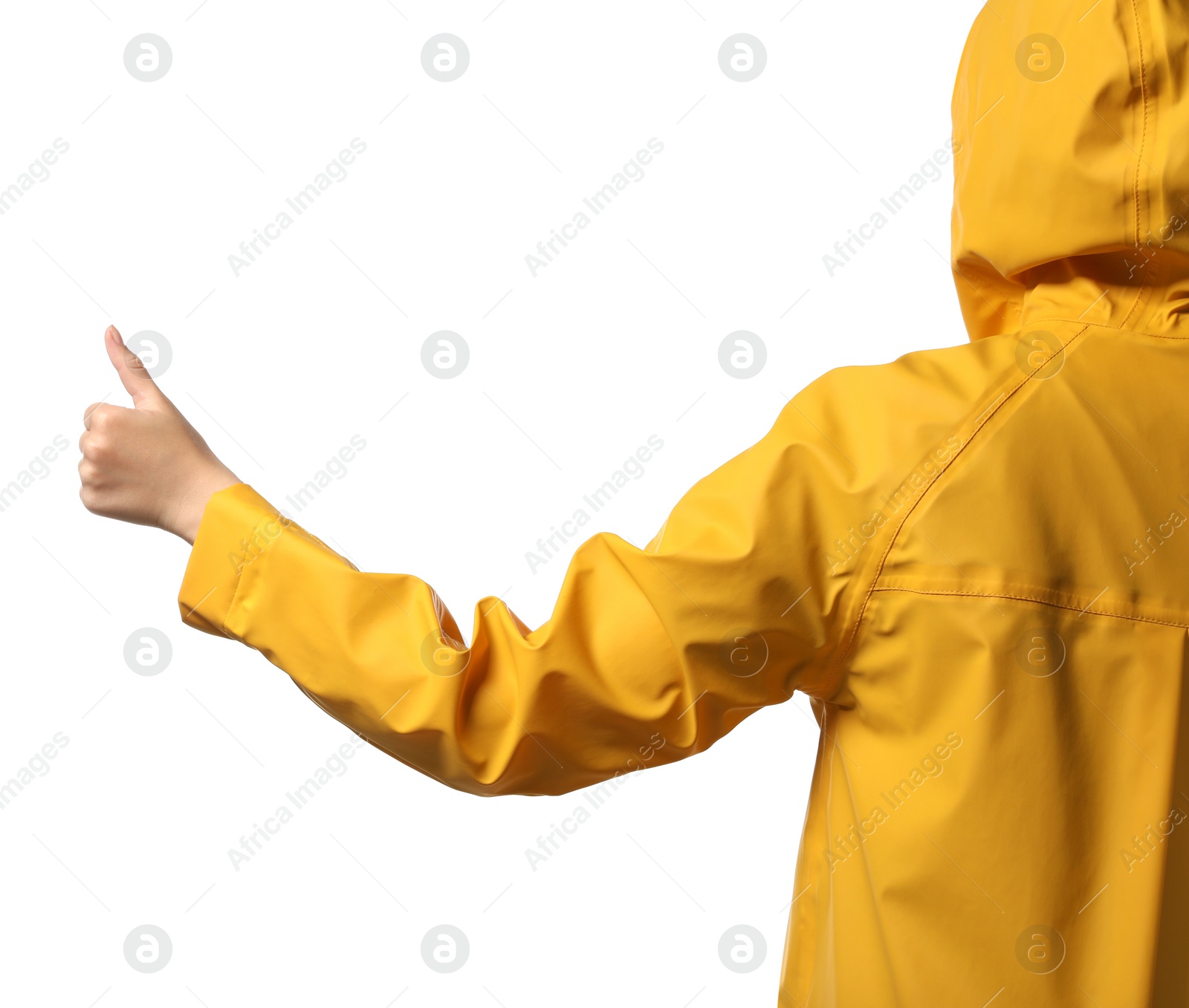 Photo of Woman showing hitchhiking gesture on white background, closeup