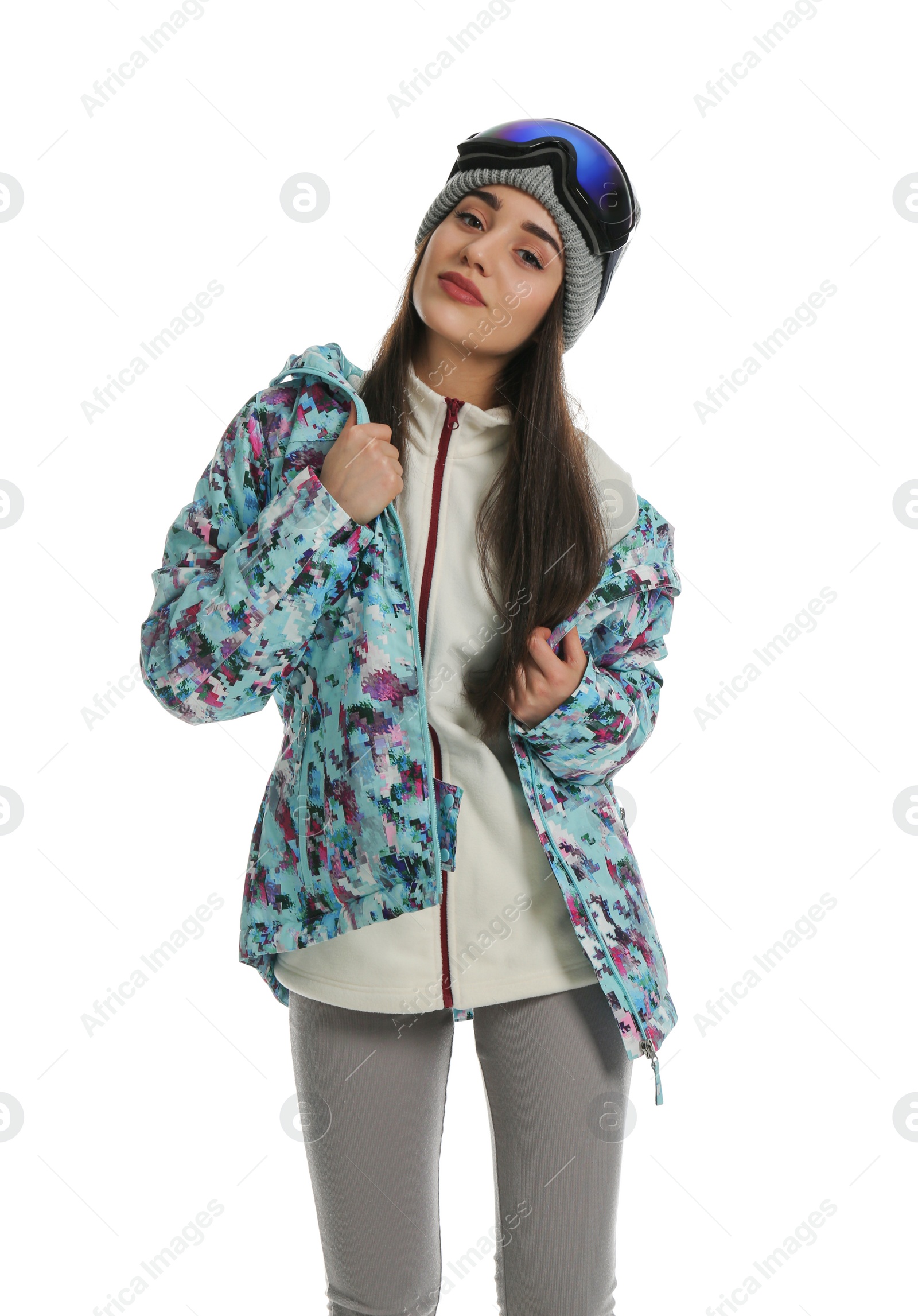 Photo of Woman wearing stylish winter sport clothes on white background