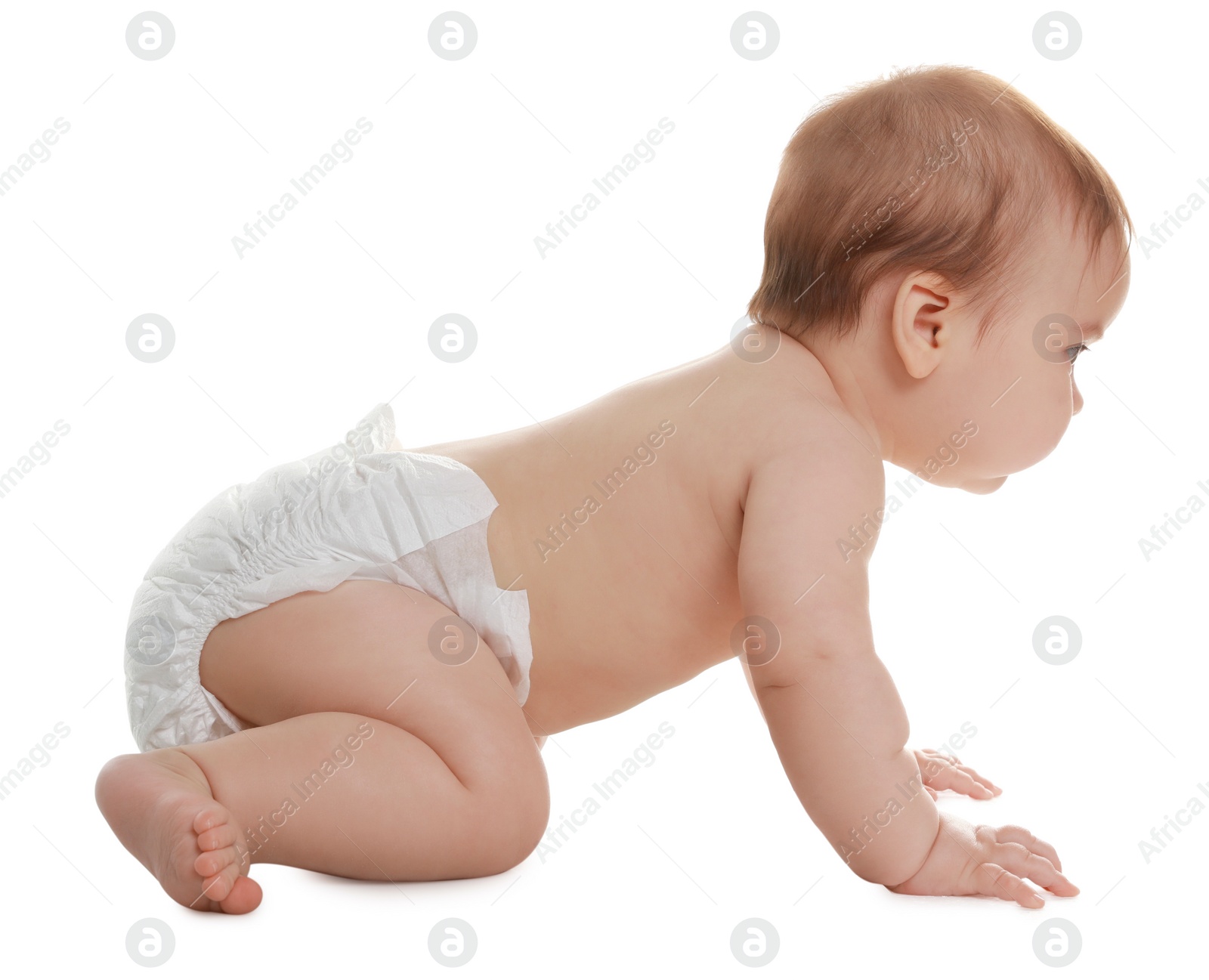 Photo of Cute little baby crawling on white background