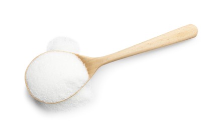 Spoon with sugar isolated on white, top view