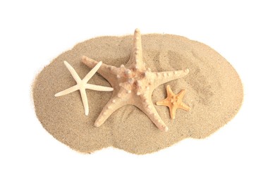 Photo of Beautiful sea stars and sand isolated on white, above view