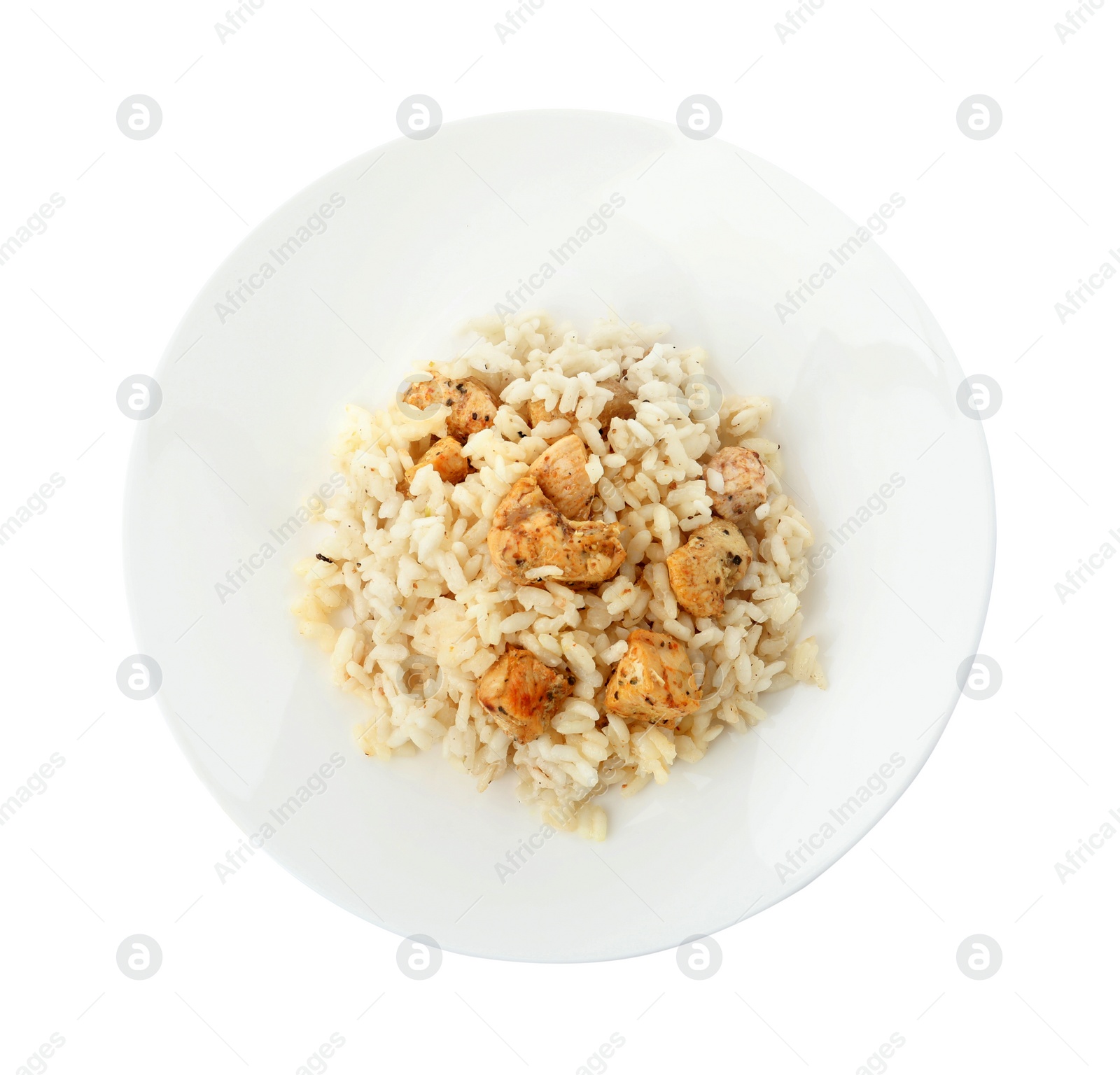 Photo of Delicious risotto with chicken isolated on white, top view