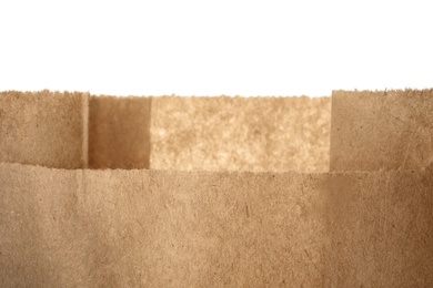 Brown paper bag on white background, closeup