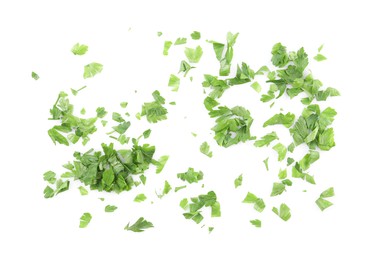 Photo of Chopped parsley leaves isolated on white, top view