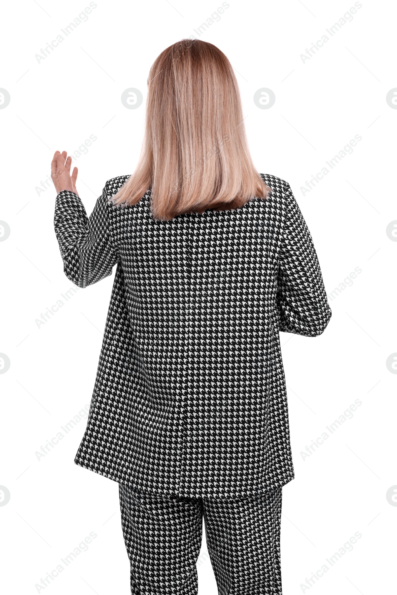 Photo of Businesswoman in suit on white background, back view