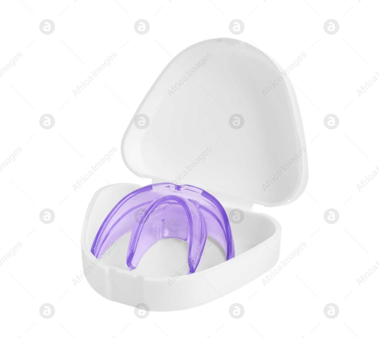 Photo of Container with transparent dental mouth guard isolated on white. Bite correction