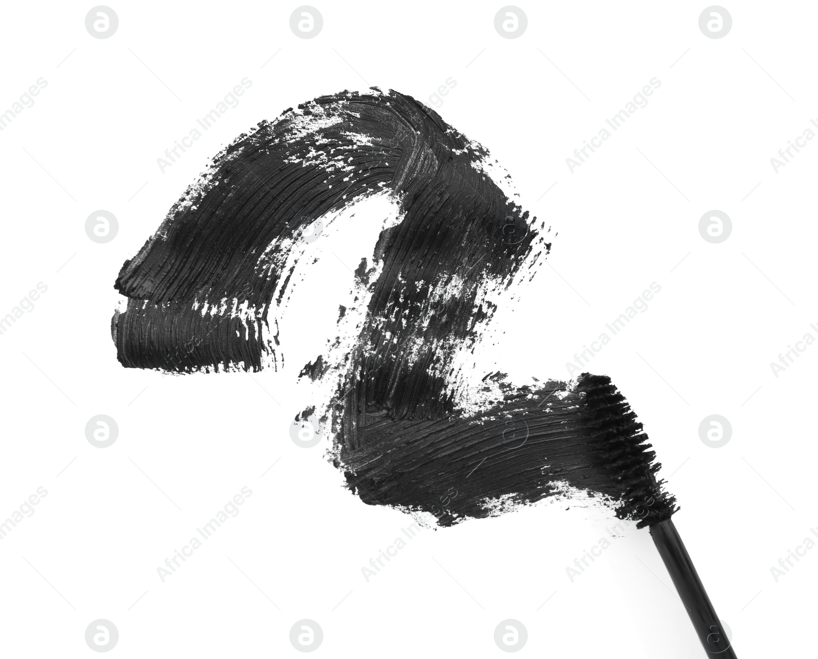 Photo of Applicator and black mascara smear on white background, top view