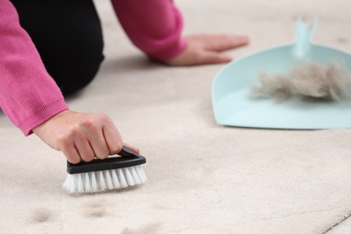 Woman with brush removing pet hair from carpet at home, closeup