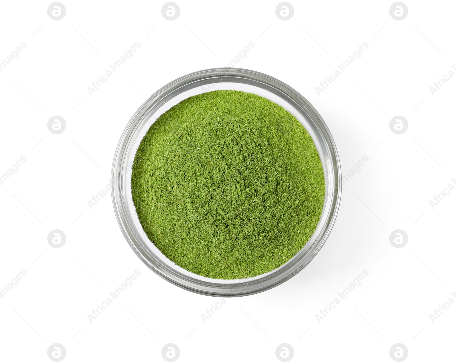 Photo of Wheat grass powder in glass bowl isolated on white, top view