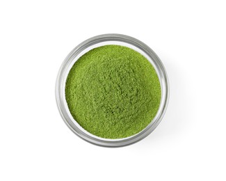 Photo of Wheat grass powder in glass bowl isolated on white, top view