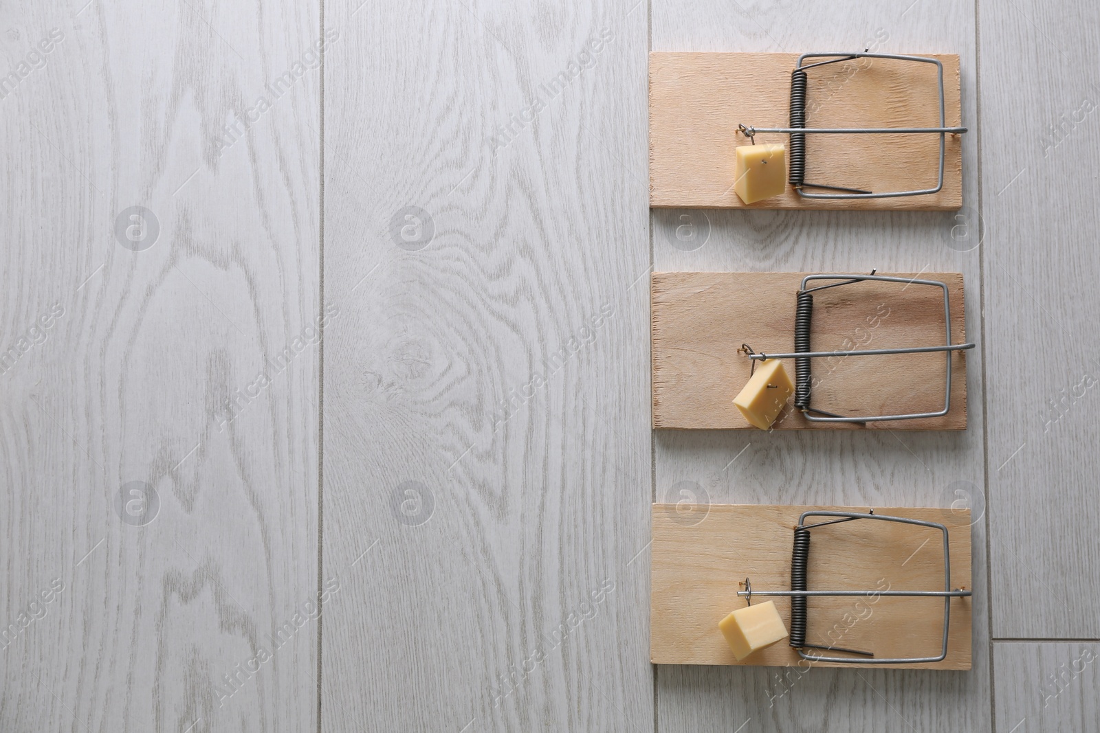 Photo of Mousetraps with pieces of cheese and space for text on white wooden background, flat lay. Pest control