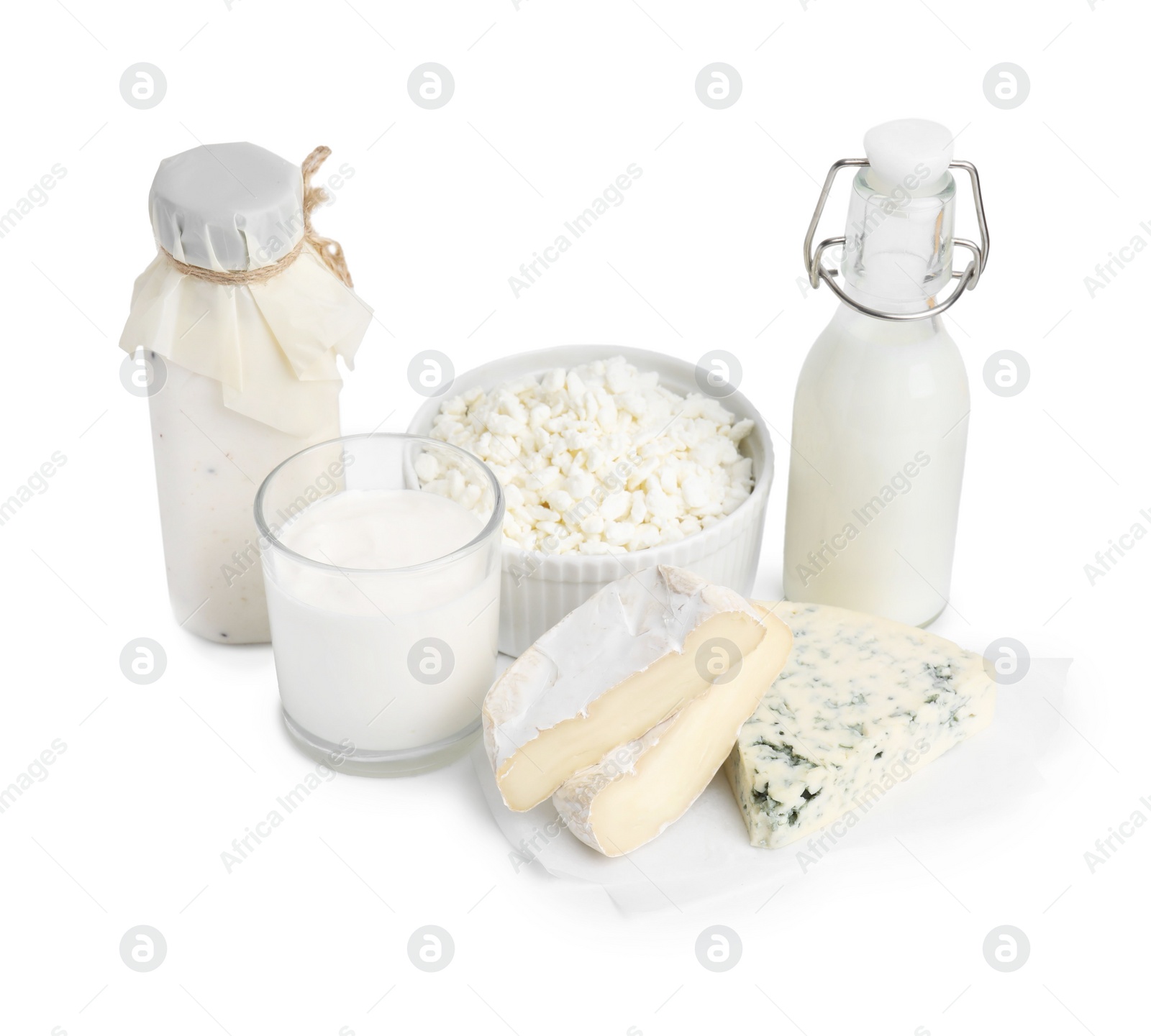 Photo of Different fresh dairy products isolated on white