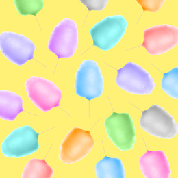 Collage with cotton candy on yellow background, pattern design
