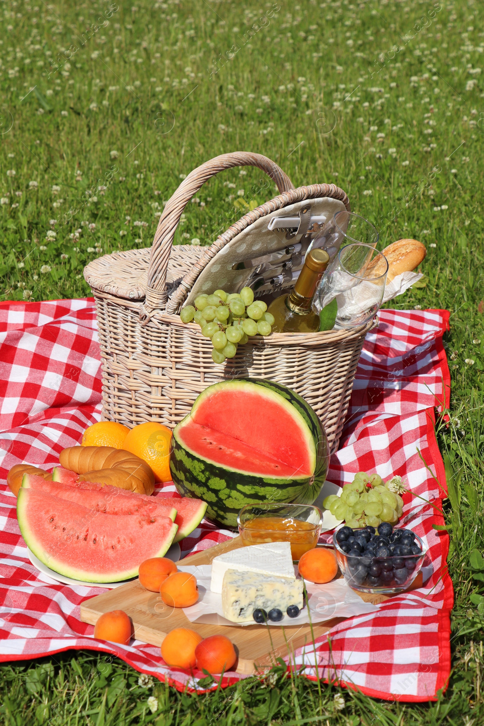 Photo of Picnic blanket with delicious food and wine outdoors on summer day