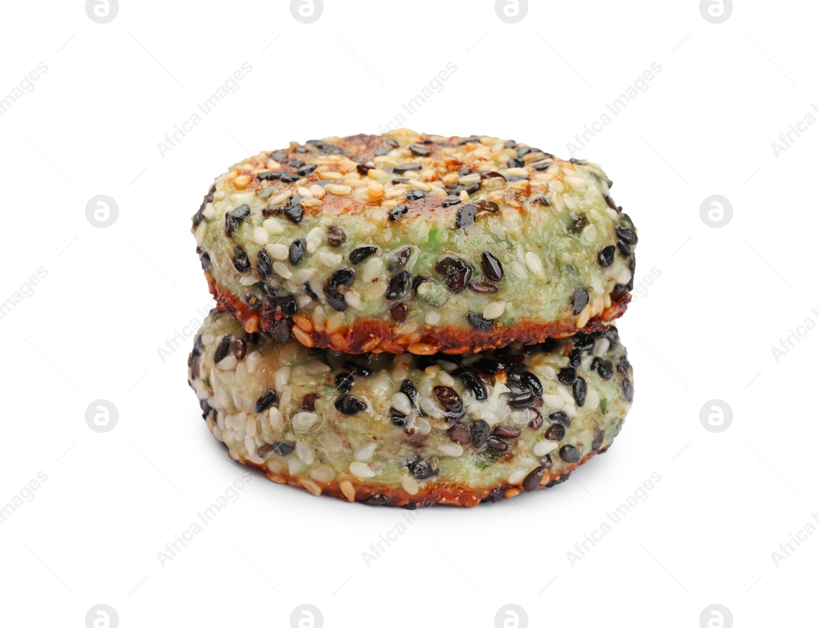 Photo of Tasty vegan cutlets with sesame isolated on white