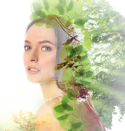 Beautiful woman and trees on white background. Double exposure