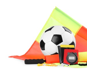 Football referee equipment. Soccer ball, flags, stopwatch, cards and whistle isolated on white
