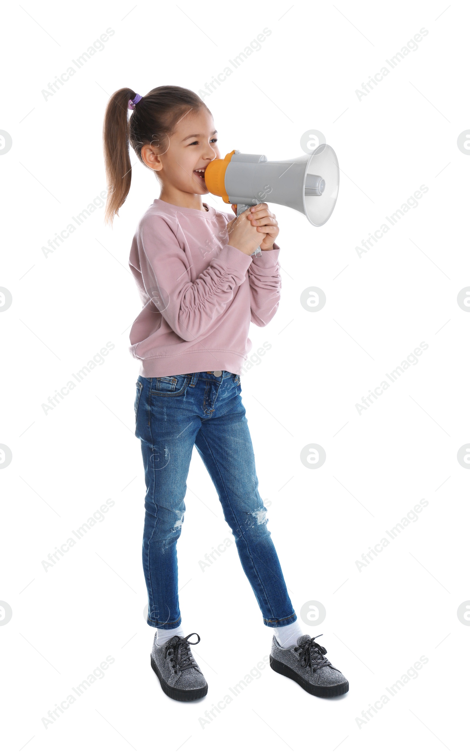 Photo of Cute funny girl with megaphone on white background