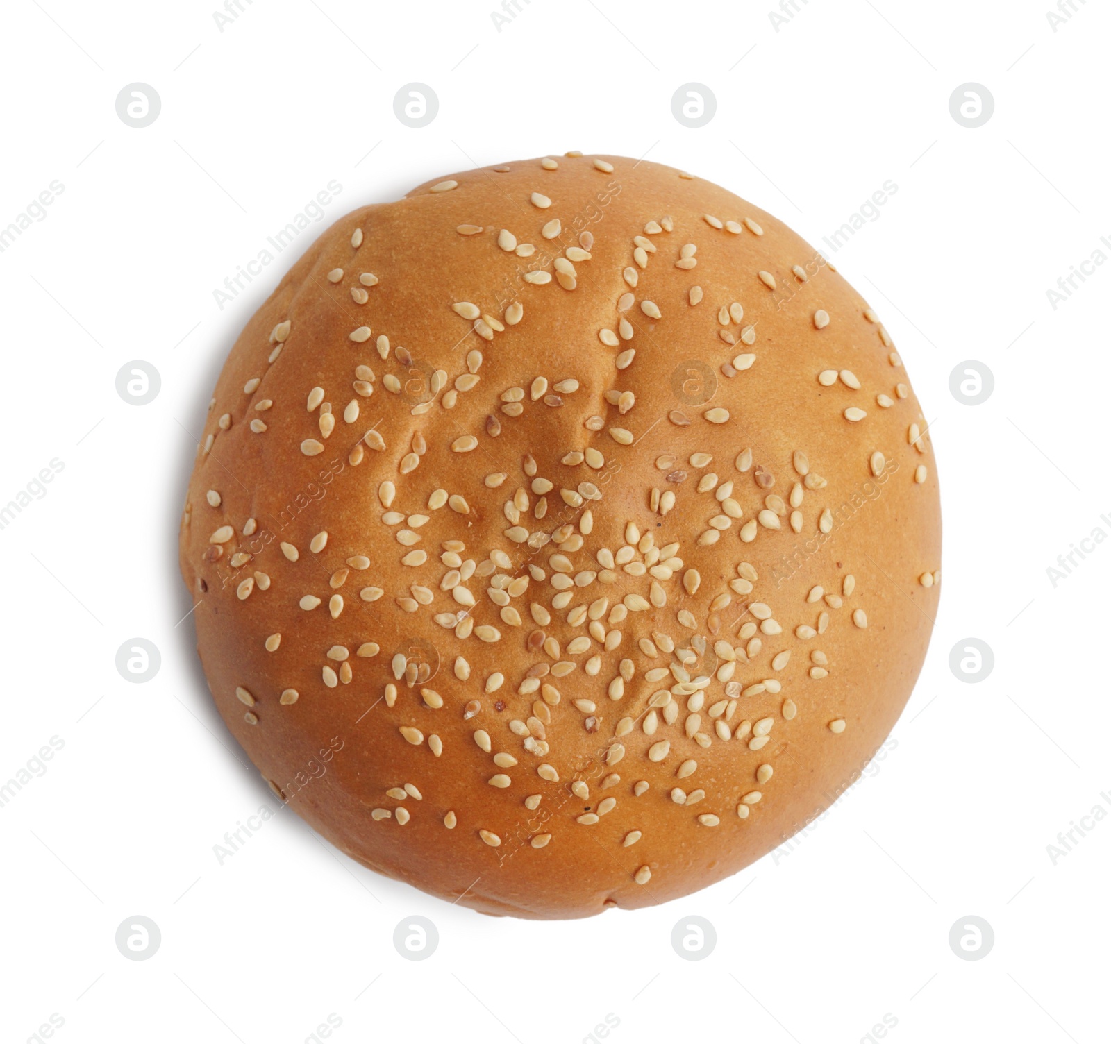 Photo of Fresh tasty bun with sesame seeds isolated on white, top view