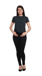 Woman wearing stylish black jeans and high heels shoes on white background