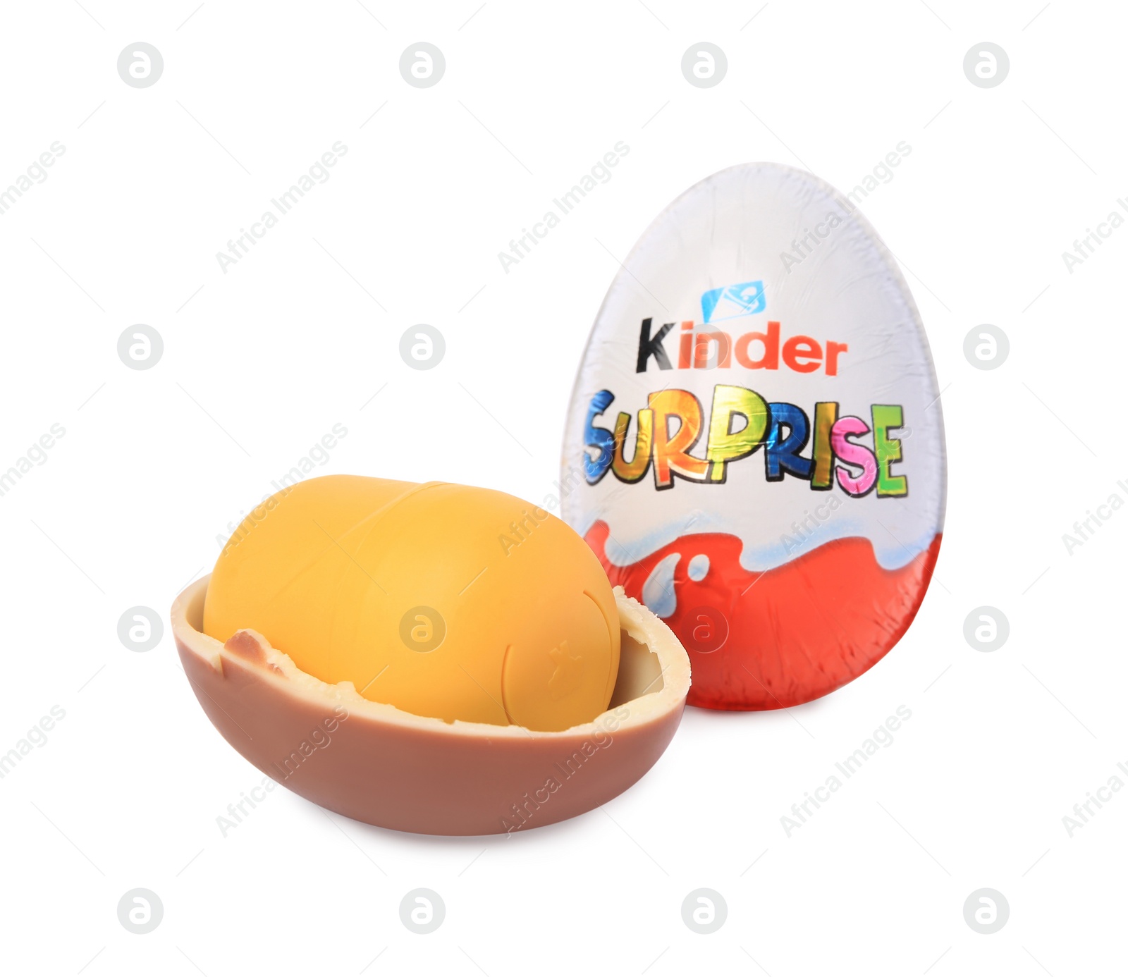 Photo of Slynchev Bryag, Bulgaria - May 23, 2023: Kinder Surprise Eggs and plastic capsule with toy on white background