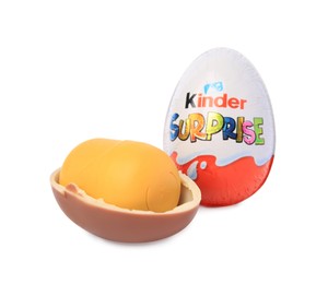 Photo of Slynchev Bryag, Bulgaria - May 23, 2023: Kinder Surprise Eggs and plastic capsule with toy on white background
