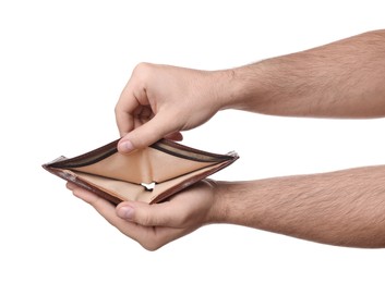 Man showing empty wallet on white background, closeup